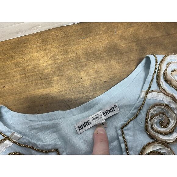 Barbara Gerwit Blue Linen Embroidery Tunic Top Blouse Cover Up Medium - Picture 8 of 14